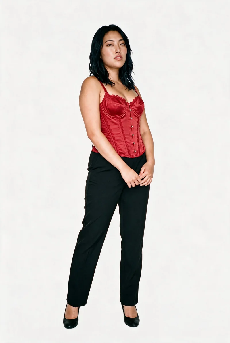 A 25-year-old Japanese woman wears a red satin basque in a full-body, angled front view. Her hands are positioned in front, with a confident expression, against a cloud-white backdrop.