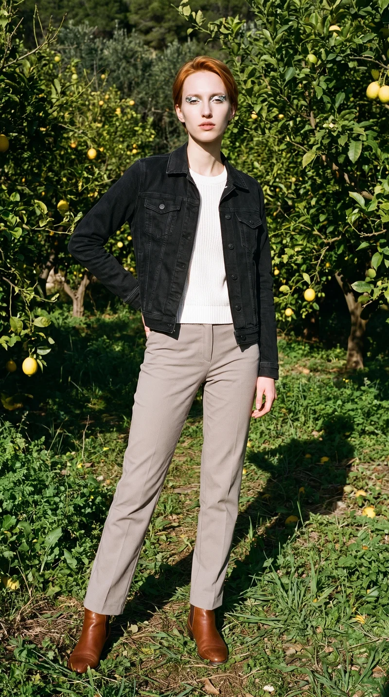 A 21-year-old Caucasian woman models a women's black denim jacket in a full-body front view, with one hand on her lower back and a confident expression. A lemon orchard serves as the backdrop.