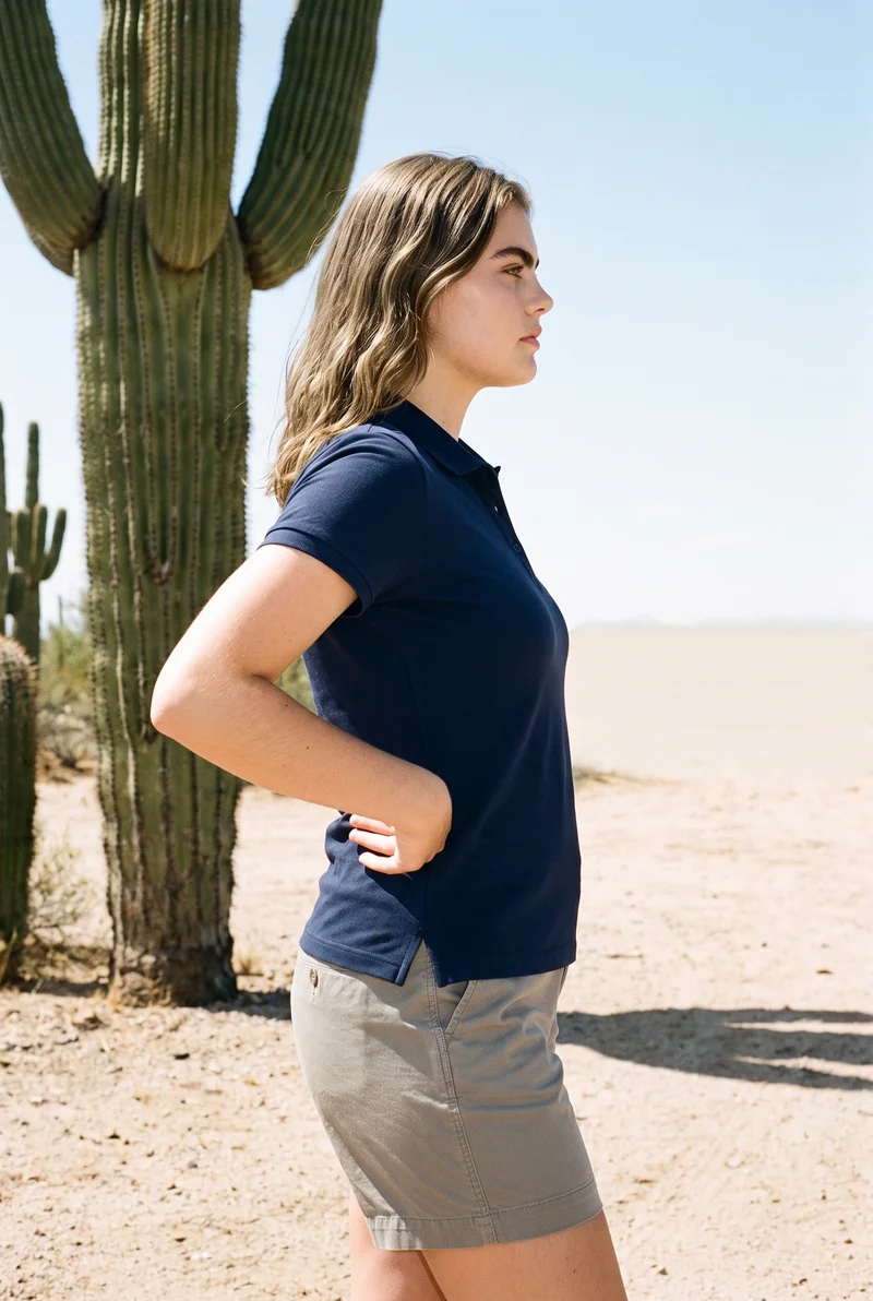 A 21-year-old Caucasian woman wears a women's navy polo shirt in a three-quarter-length side view, with one hand on her waist and a neutral expression. A cactus desert backdrop is visible behind her.