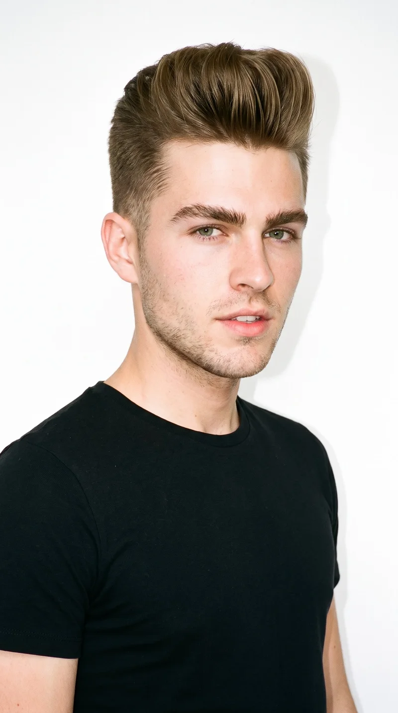 This 21-year-old Caucasian man has a medium, evenly warm skin tone with a peach undertone. His face has smooth, even, softer features in a refined balance. He has thin eyebrows, green eyes, and medium lips. His dark-blonde hair is swept upward and back in a voluminous pompadour above the forehead. Very short facial-hair growth creates a faint, even shadow across the beard area.