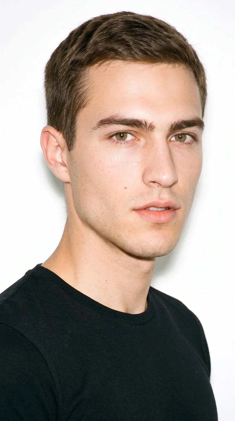 A 23-year-old Caucasian man with lightly tanned fair skin and a cool undertone. His face has balanced oval proportions with a softly rounded jaw, thick eyebrows, hazel eyes with green-gold flecks, and medium lips. He has brown hair in a short, tapered crew cut that is slightly longer on top than at the sides, and his face is clean-shaven with smooth skin.
