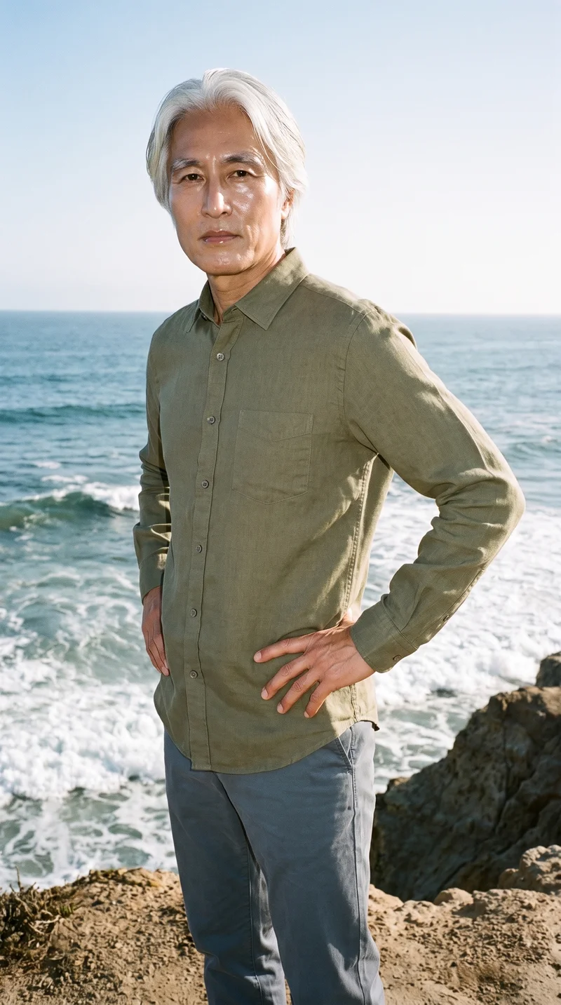 A 56-year-old Korean man wears an olive linen shirt in a three-quarter-length view from a front three-quarter angle. He stands with his hands on his waist and a neutral expression, with coastal cliffs and Pacific waves forming the backdrop.