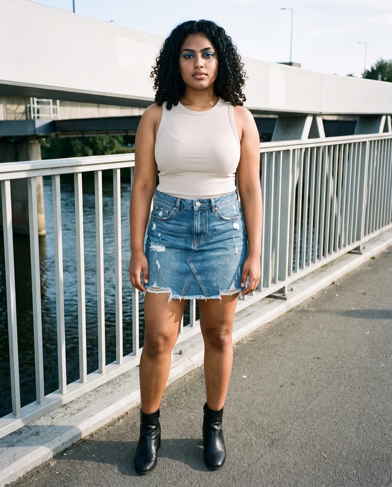 A 20-year-old Indian woman is shown full body from the front wearing a distressed denim skirt. Her ankles are crossed, and she has a neutral facial expression. A bridge pedestrian backdrop is visible behind her.