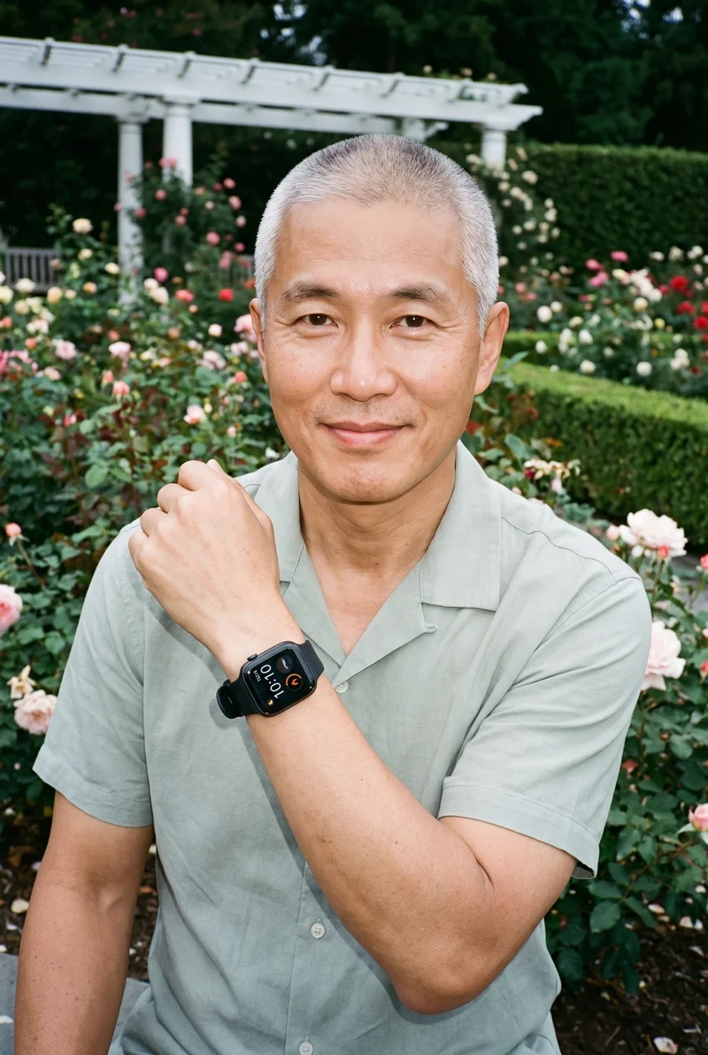 A 54-year-old Korean man is shown in an upper-body front view, smiling with one hand at his chin and wearing a black smartwatch. A rose garden pergola forms the backdrop.