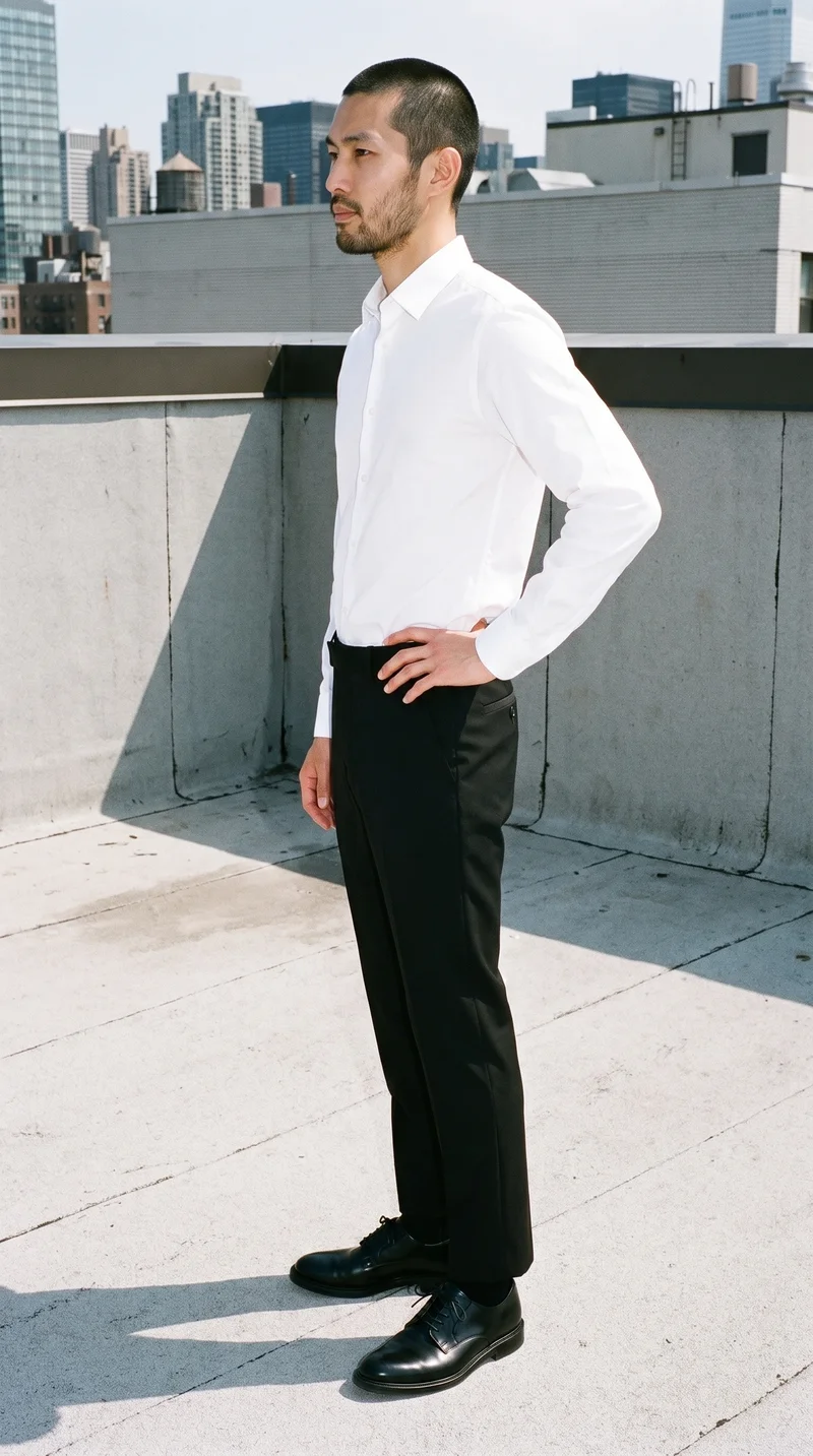 Men's Black Suit Trousers, Full body at Side, Flash Editorial lighting