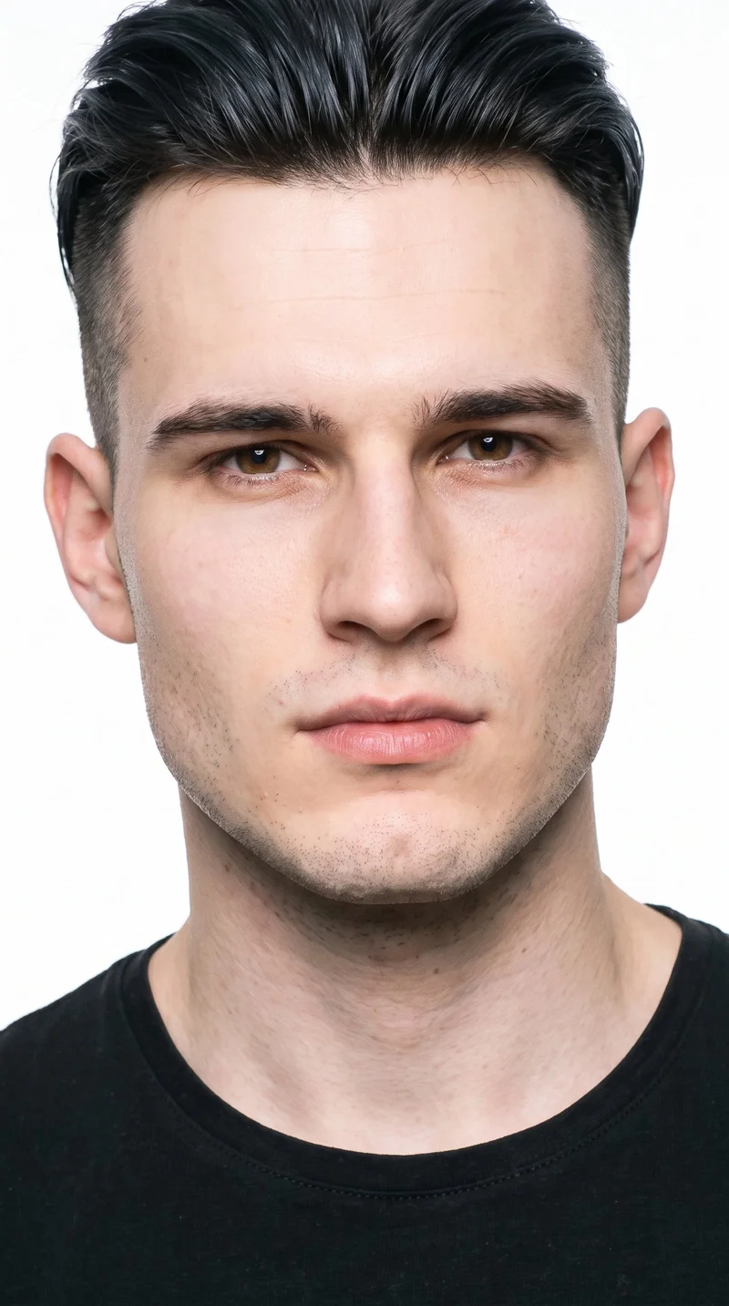 A 20-year-old Slavic man with porcelain skin and a peach undertone has a square, angular face defined by a strong jaw and broad forehead. His eyebrows are medium in thickness, and his eyes are brown. He has thin lips and a clean-shaven face. His black hair is styled in an undercut, with longer hair on top and markedly shorter sides and back.