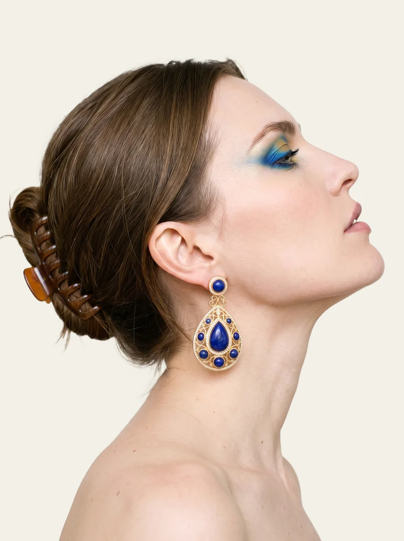 Statement Drop Earrings, Ear at Side, Studio Cutout lighting