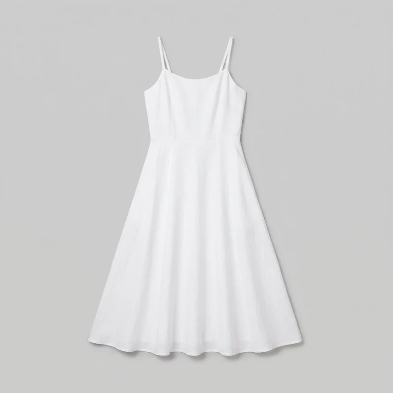 A white linen women's midi dress is shown laid flat in a complete standalone front view. It has a tailored sleeveless bodice with a shallow scoop neckline, narrow shoulder straps with a secondary inner strap at each shoulder, curved armholes, vertical seams or darts, and a defined waist seam leading into an A-line skirt with a softly flared wavy hem.