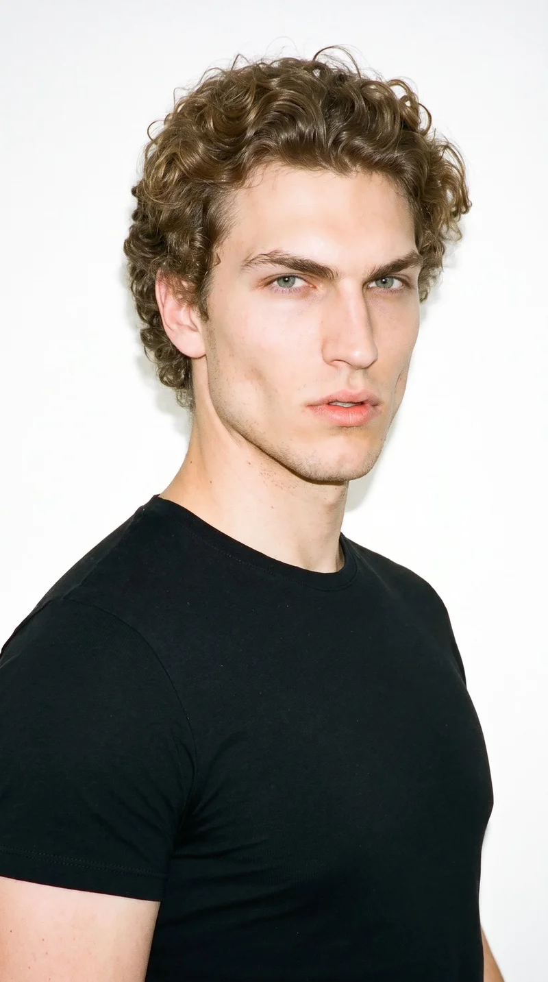 A 21-year-old Slavic man with very light pale skin and a cool undertone. His face has sharp, angular features, a defined jaw, and pronounced cheekbones. He has thick eyebrows, cool clear grey eyes, and thin lips. His dark-blonde hair forms defined, springy curls with natural volume, and his face is clean-shaven with smooth skin.