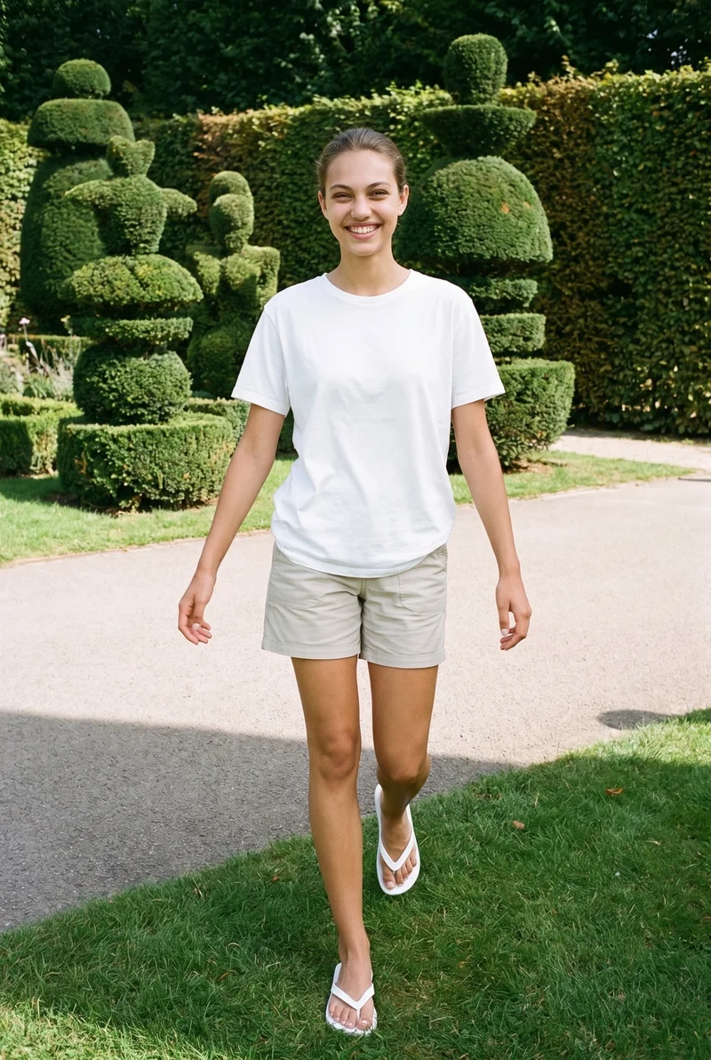A 19-year-old Caucasian woman is shown full body from the front while walking in white flip-flops. She has a natural facial expression, and a topiary garden forms the backdrop.