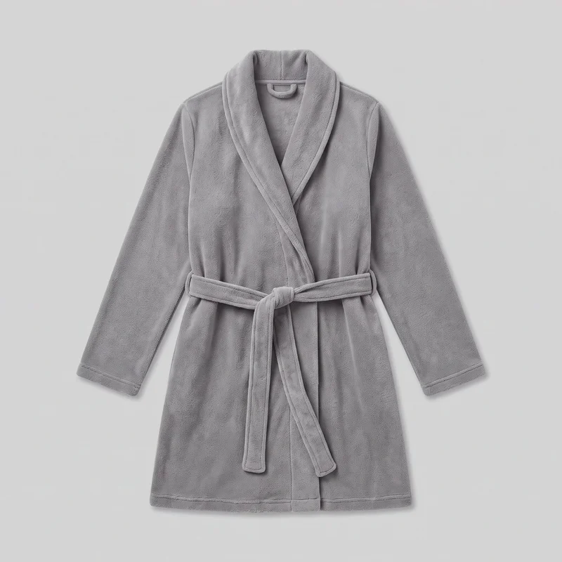 A mostly complete front view of a grey fleece bathrobe laid flat. The robe has a relaxed wrap silhouette, a wide shawl collar forming a deep V-shaped front, long straight sleeves, side belt loops, and a self-tie belt at the waist. Bound edges are visible along the collar, front opening, cuffs, belt, belt ends, and straight hem.