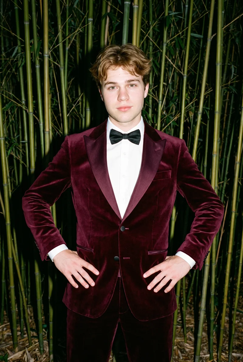 A 19-year-old Caucasian male model wears a burgundy velvet tuxedo in a three-quarter-length front view, standing with his hands on his waist and a curious expression. A bamboo forest forms the backdrop.
