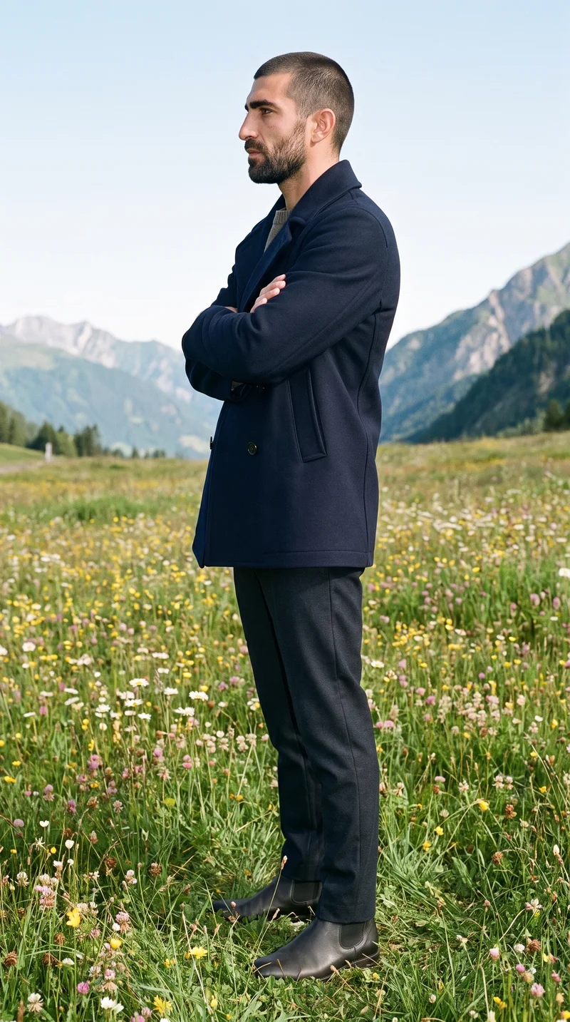 Men's Navy Double-Breasted Wool Coat, Full body at Side, Clean Catalog lighting