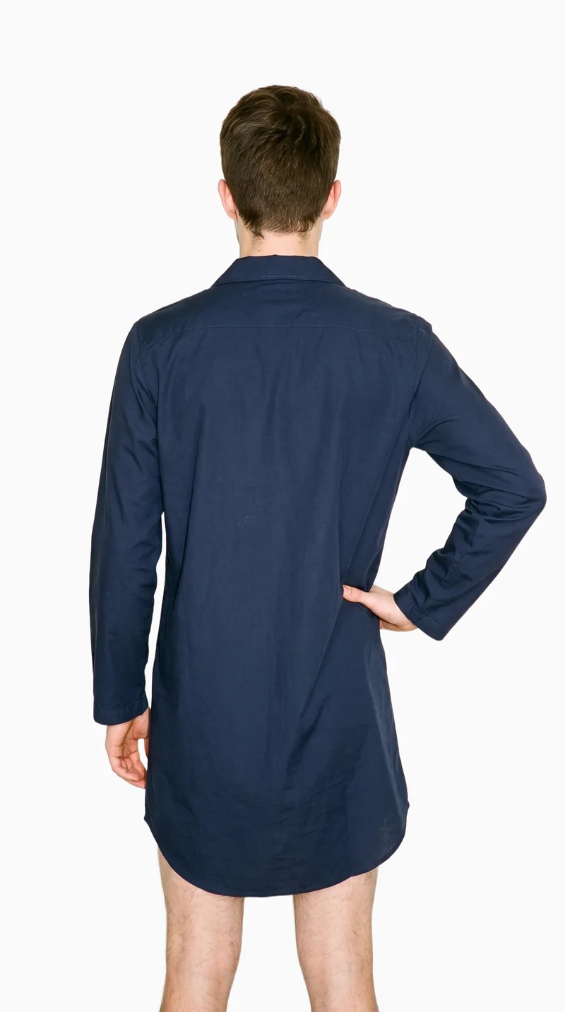 Navy Cotton Nightshirt, Three-quarter length at Back, Studio Cutout lighting