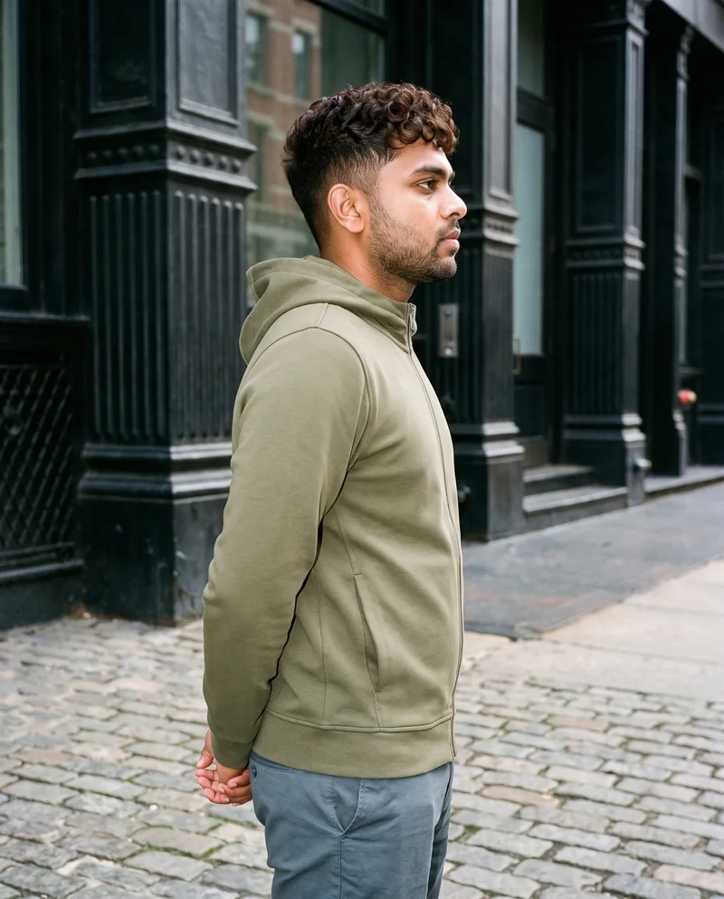 A 31-year-old Indian man is shown from the upper body in side view wearing an olive zip-up hoodie. His hands are behind his back and his expression is neutral, with a Cast Iron District cobblestone backdrop.