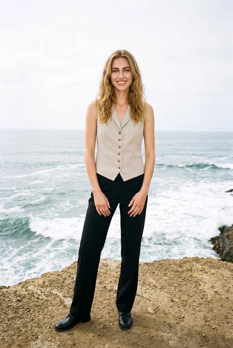 A 25-year-old Caucasian woman wears a women's beige linen waistcoat in a full-body front view, standing with her hands in front and a natural expression. Coastal cliffs and Pacific waves form the backdrop.