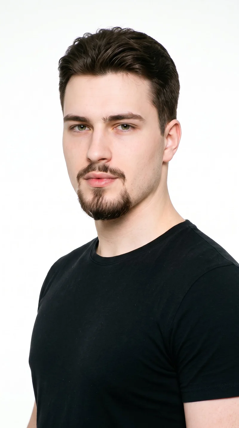 An 18-year-old Caucasian male with porcelain skin and a peach undertone has a triangular face with a wide jaw that narrows toward the forehead, emphasizing the lower face. He has thick eyebrows, green eyes, and medium lips. His dark-brown hair is tapered, gradually shortened at the sides and neckline while retaining length on top. A connected moustache and rounded goatee form a circle around his mouth.