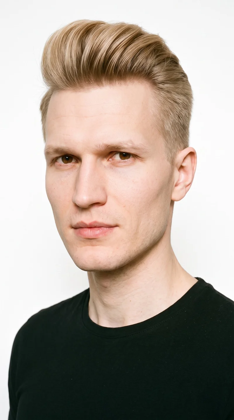 A 38-year-old Slavic man with very pale skin and a neutral undertone has a square, angular face defined by a strong jaw and broad forehead. He has medium-thickness eyebrows, brown eyes, and full lips. His mid-tone blonde hair is swept upward and back in a voluminous pompadour, and his face is clean-shaven.