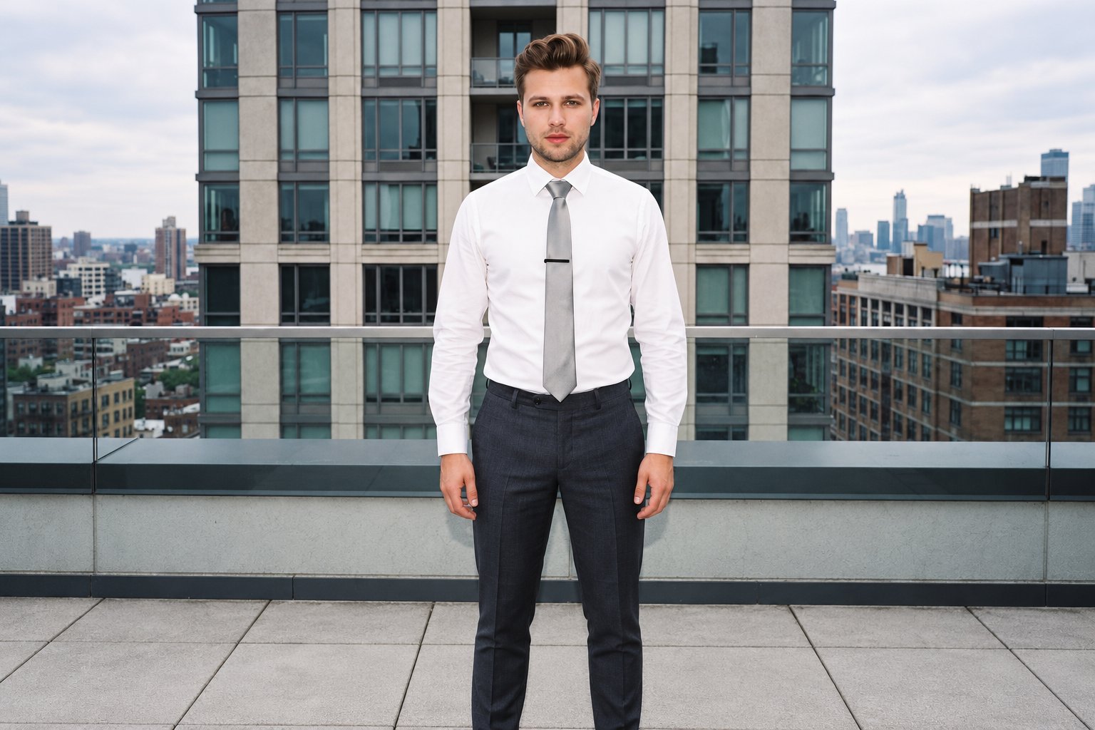 A 27-year-old Slavic man stands straight in a front-facing, three-quarter-length view wearing a matte black tie bar. The backdrop is a penthouse terrace.