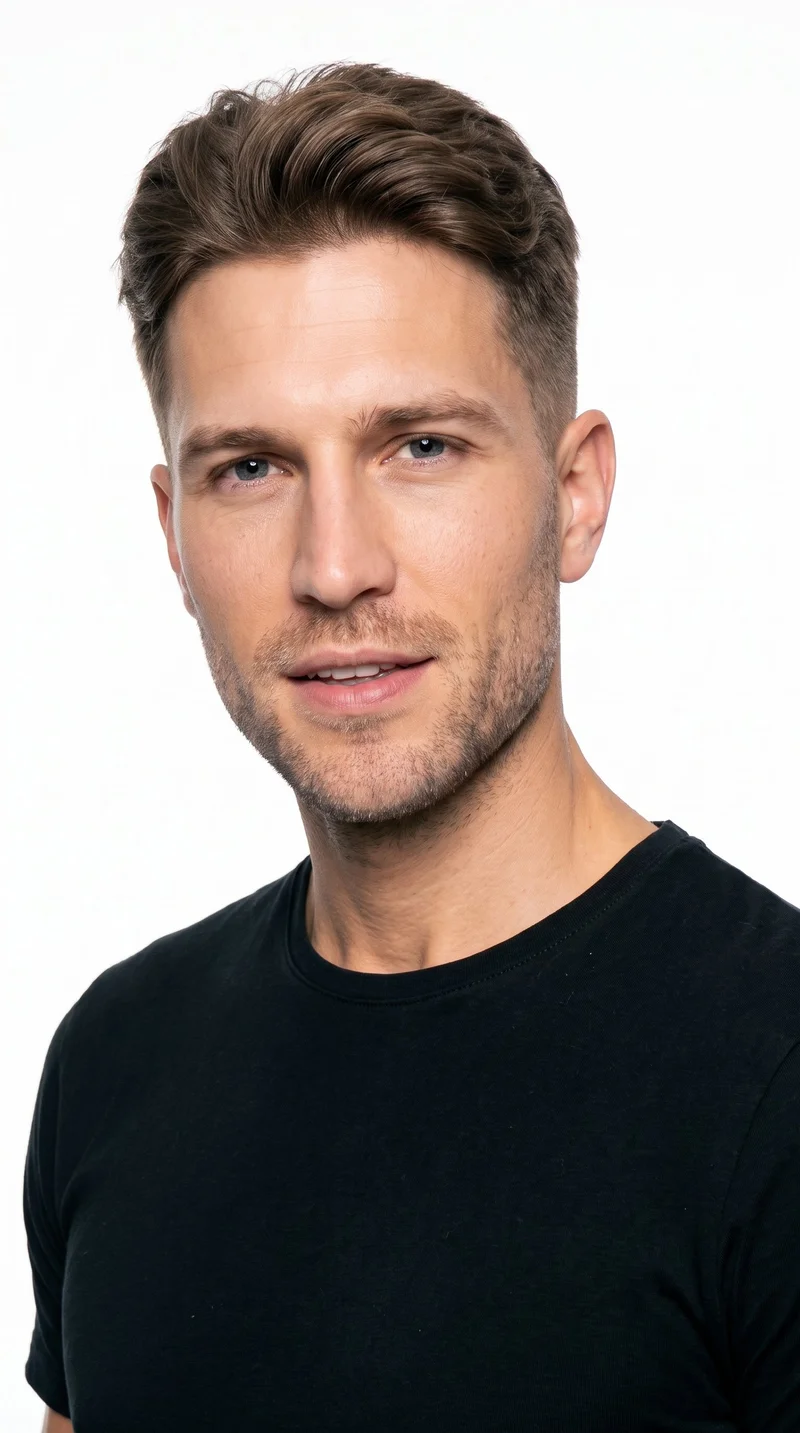 A 35-year-old Caucasian man with medium skin featuring a warm peach undertone. He has a square, angular face with a broad forehead and strong, defined jaw, thin eyebrows, blue eyes with a cool undertone, and full lips. His brown hair is styled with short sides and back and a longer, fuller top. Fine, closely trimmed stubble lightly covers the beard area.