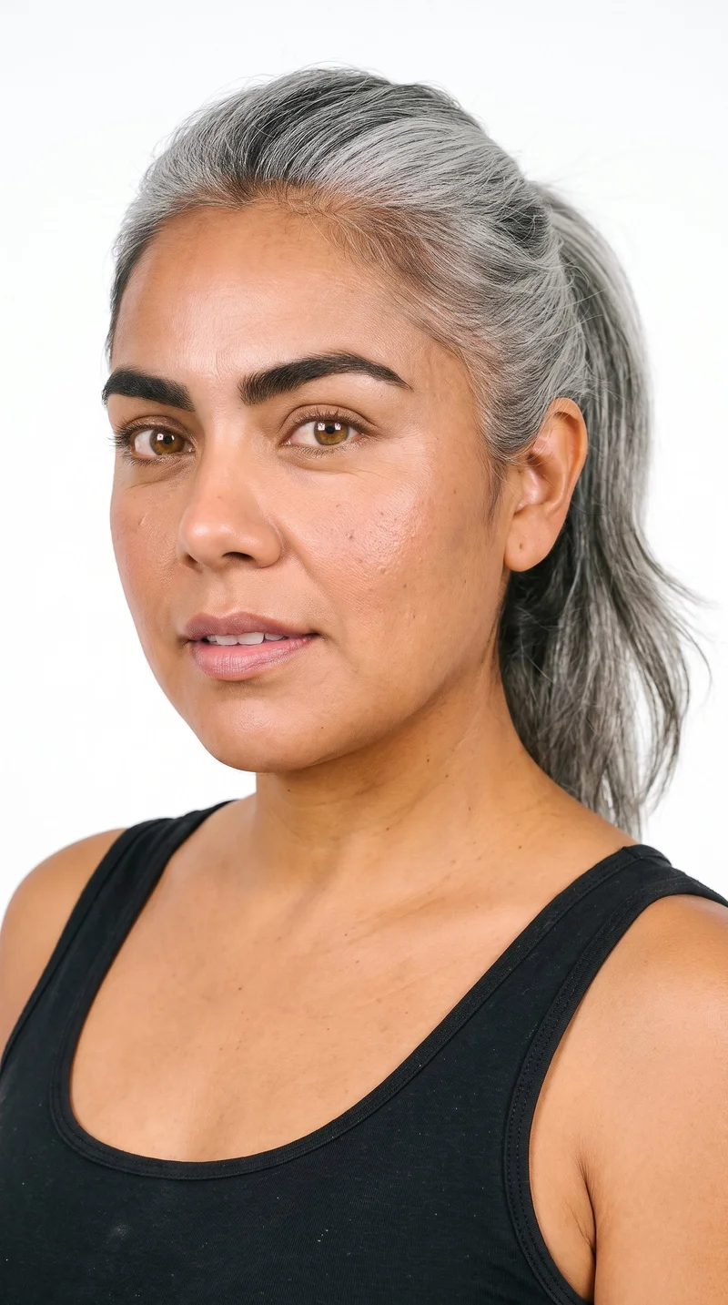 A 47-year-old Hispanic woman with medium-brown caramel skin and a green-olive undertone has a soft baby-face shape with full cheeks and rounded contours. She has thick eyebrows, amber eyes with golden tones, and full lips. Her gray hair is tied back into a ponytail with a single length falling behind her.