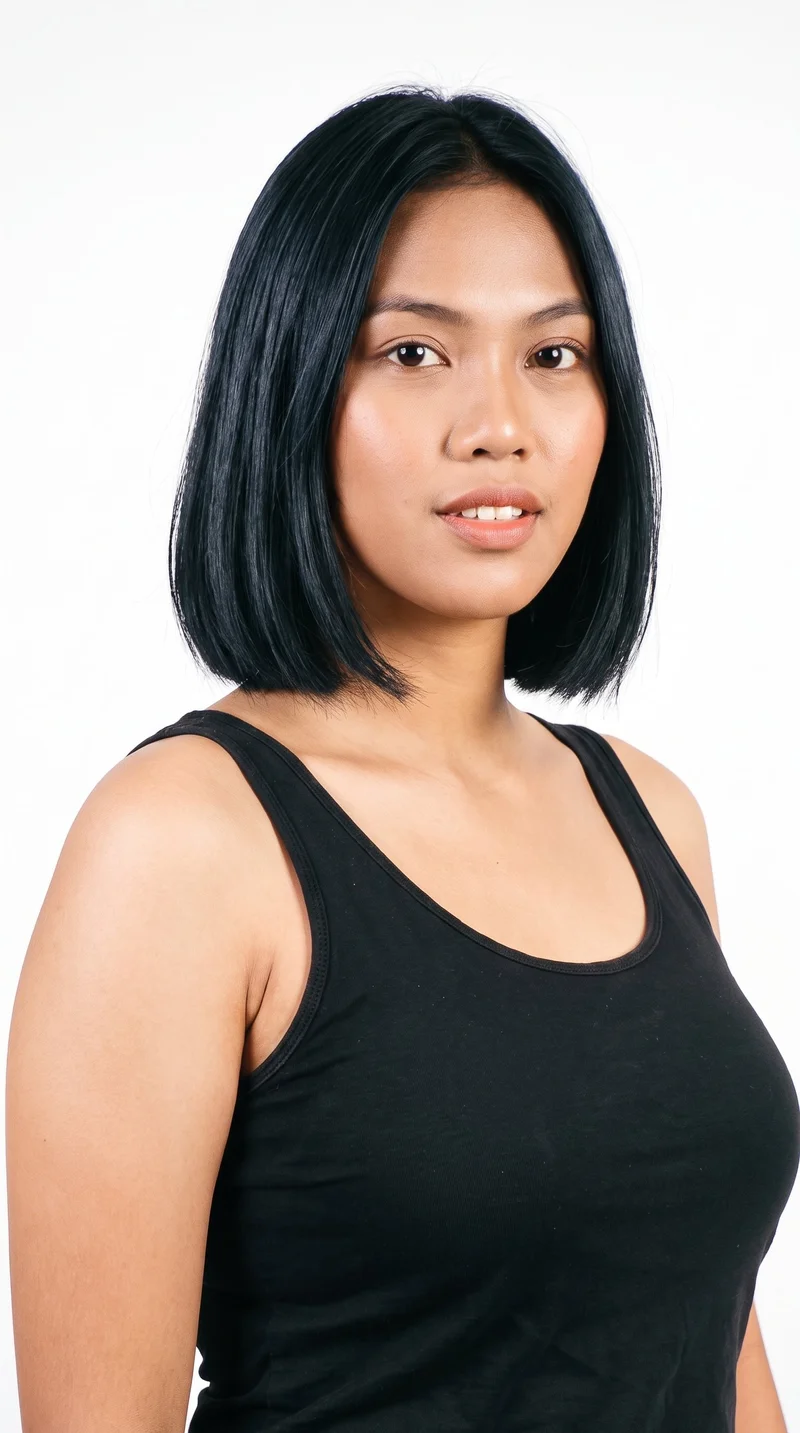 This 20-year-old Southeast Asian woman has a warm honey skin tone with a neutral undertone and a doll-like face with large, even features and soft, rounded proportions. Her eyebrows are thin, and her eyes are very dark, near-black. She has very full lips and wears her deep black hair in a clean, structured bob cut evenly at jaw-to-chin length.