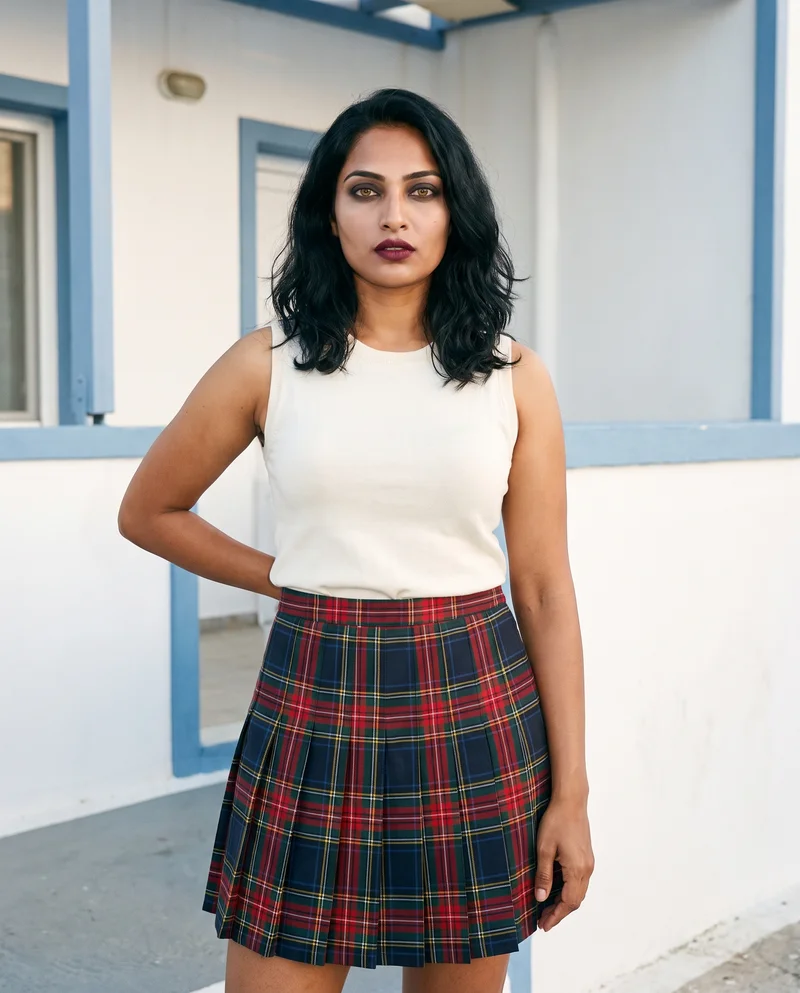 Plaid Pleated Mini Skirt, Three-quarter length at Front, Natural E-Commerce lighting