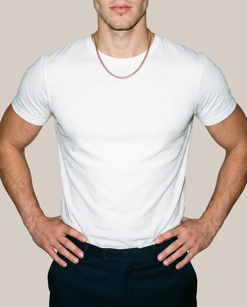Men's Rose Gold Chain, Torso at Front, Studio Cutout lighting