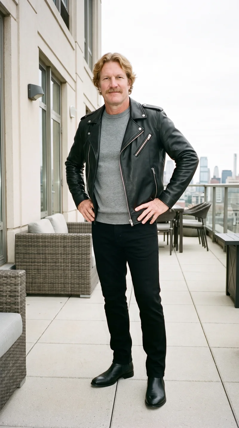 A 58-year-old Caucasian man wears a black biker leather jacket in a full-body view from a front three-quarter angle. He stands with a wide stance and a smiling expression against a penthouse terrace backdrop.