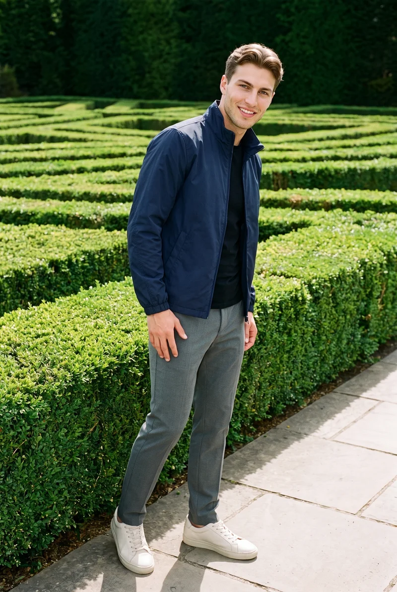 A 21-year-old Caucasian man wears a navy windbreaker in a full-body view. He is smiling, shown from a front three-quarter angle with his waist twisted, against a garden maze backdrop.
