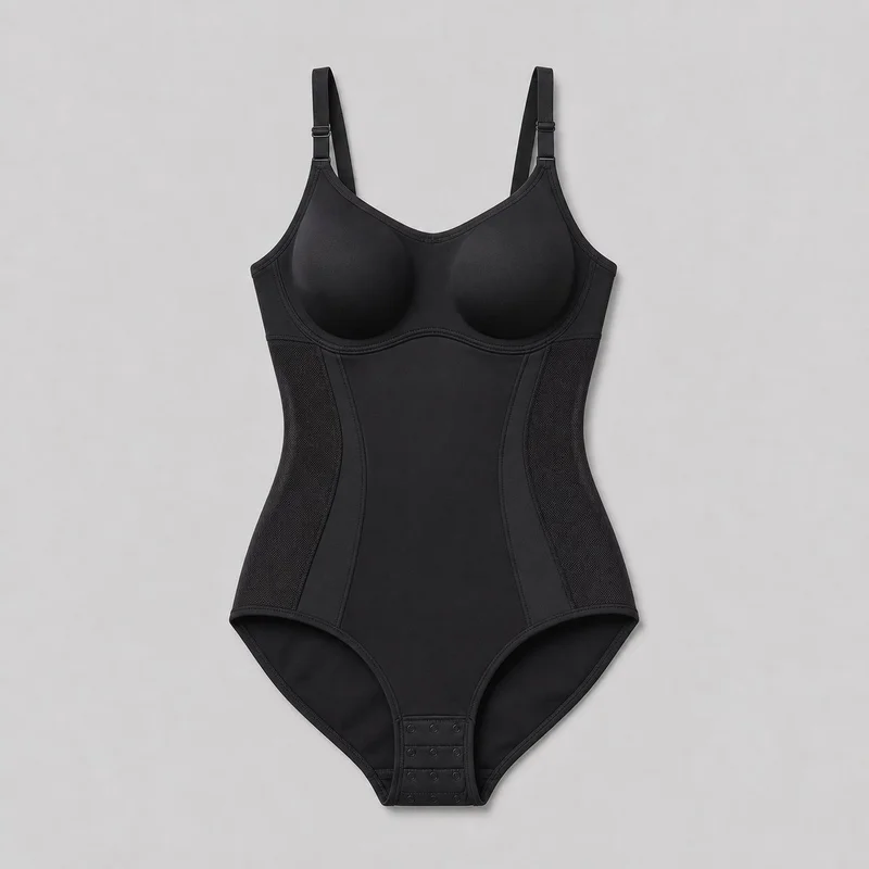 A black structured shaping bodysuit is shown flat in a complete front-facing view. It has molded underwire cups, a shallow V neckline, adjustable shoulder straps, curved underbust seams, vertical front shaping seams, contrasting sheer side panels extending toward the hips, high-cut leg openings, and a brief-style bottom with a multi-row hook-and-eye gusset closure.