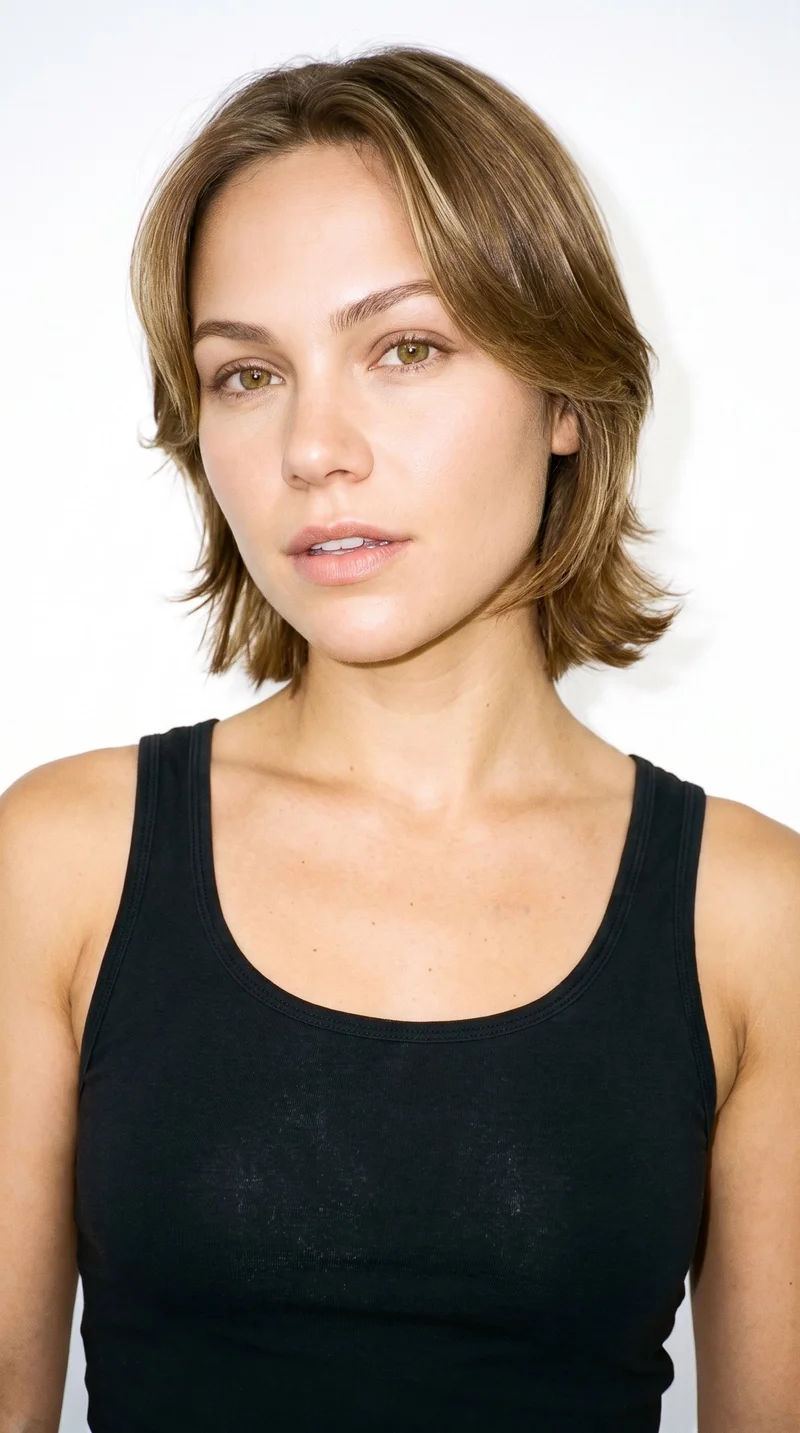 This 31-year-old Caucasian woman has a medium olive skin tone with a cool undertone and a round face defined by soft, full contours and gentle curves. Her eyebrows are thin, and her eyes are green. She has thin lips and light-brown hair styled in a layered butterfly cut with shorter face-framing pieces and added volume.