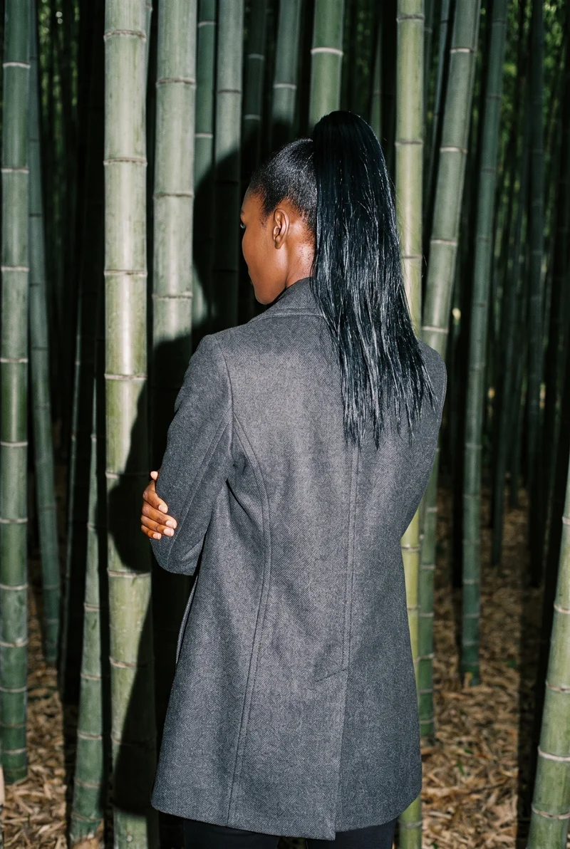 Women's Charcoal Overcoat, Three-quarter length at Back, Flash Editorial lighting