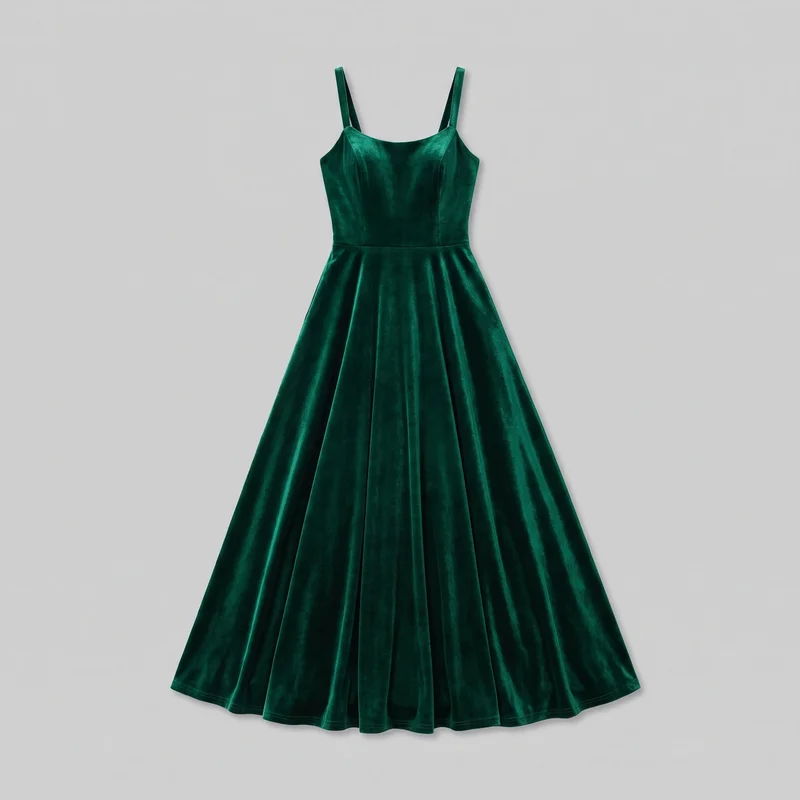 An emerald velvet women's evening gown is shown laid flat from the front. The dress has narrow shoulder straps, a close-fitting bodice with vertical shaping seams, a softly curved scoop neckline, a defined horizontal waist seam, and a full A-line skirt with pronounced vertical drape folds ending at an even stitched hem.
