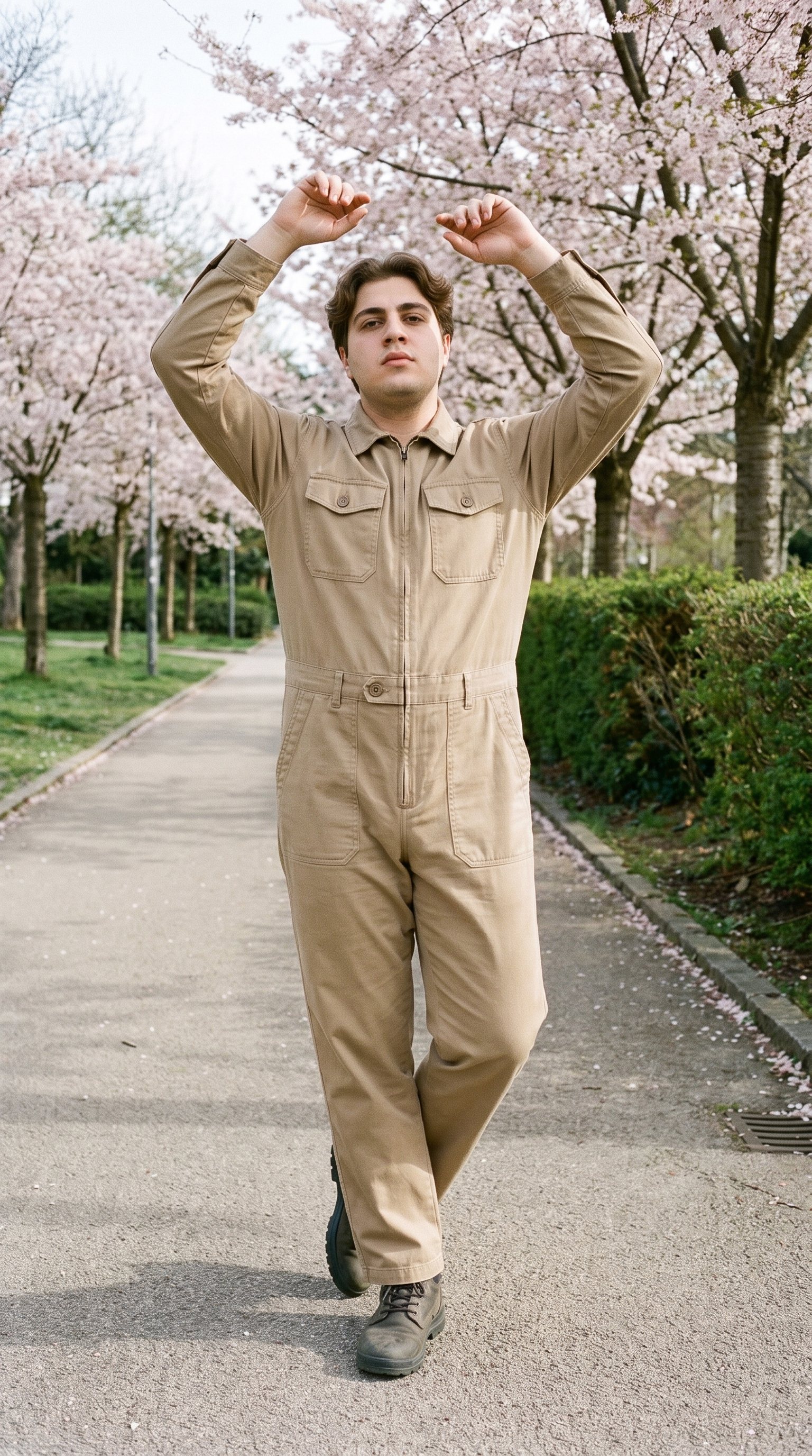 A 20-year-old Turkish male model wears a men's khaki utility boilersuit in a full-body front view, standing with his arms overhead and a neutral expression. A cherry blossom park forms the backdrop.