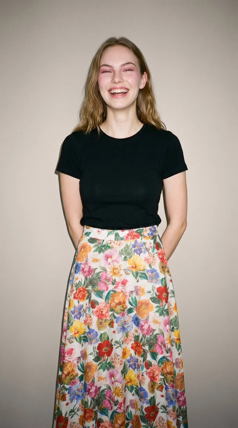 An 18-year-old Caucasian woman wears a floral print maxi skirt in a front-facing three-quarter-length view, with her hands behind her back and a laughing expression. A greige studio-wall backdrop frames the clean composition.