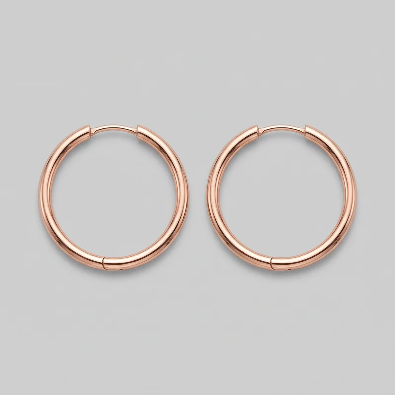 A matching pair of rose gold hoop earrings is shown side by side as a standalone product view. Each earring has a smooth, polished circular tubular hoop with a visible top opening, straight ear wire, hinged closure collars, and a segmented clasp section along the lower hoop. No stones, charms, logos, engraving, or other embellishments are visible.