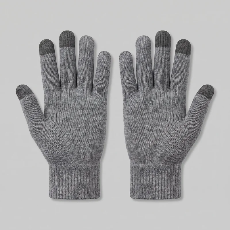 A complete pair of grey heathered knit gloves is laid flat with the palms facing up. The gloves have separate rounded fingers, angled thumbs, wrist-length ribbed cuffs, and darker contrasting panels on the thumbs and selected index and middle fingertips for touchscreen contact.