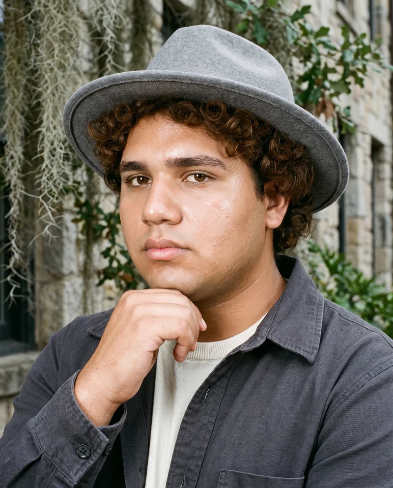 A 19-year-old Hispanic man wears a grey fedora in a bust-length view from a front three-quarter angle. His chin rests on his knuckles, and he has a neutral expression. A Spanish Moss Historic Square backdrop is visible behind him.