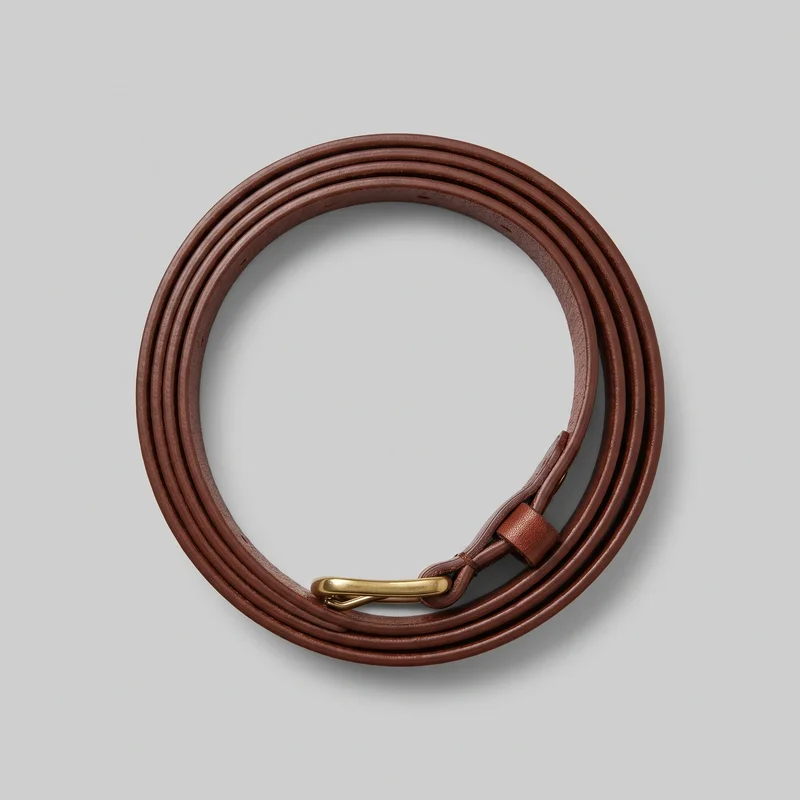 A narrow brown leather belt is coiled into several circular loops, with its slim smooth strap, rounded finished edges, and slightly tapered end visible. The low-profile metal pin buckle, matching keeper loop, and several adjustment holes are shown; no logos or embellishments are visible.