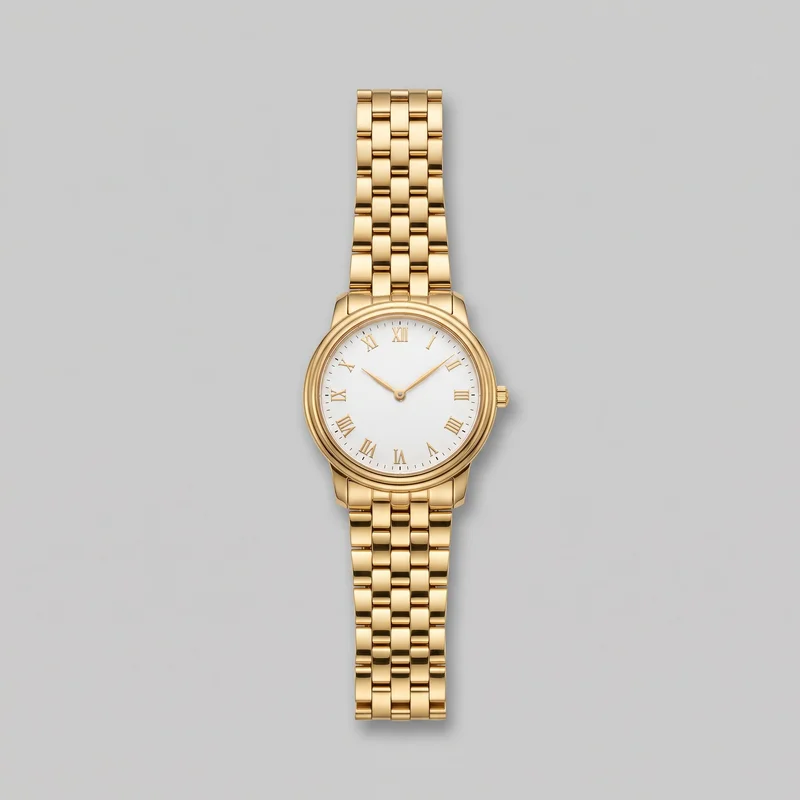 A standalone gold analog wristwatch is centered with its multi-row bracelet extended vertically above and below the round case. The watch has short integrated lugs, a stepped concentric bezel, a ridged crown at 3 o’clock, and a plain dial with Roman numeral hour markers, fine minute ticks around the perimeter, and two central hands.