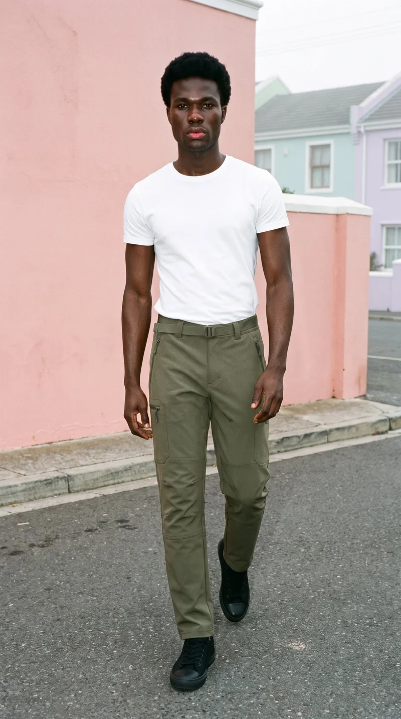 A 26-year-old African man is shown full body from the front while walking in olive softshell hiking trousers. Houses in the Sunset District appear through fog as the backdrop.