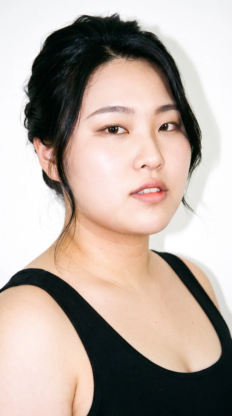 This 21-year-old Japanese woman has light-tan skin with a warm yellow undertone and an oval face with balanced proportions and a softly rounded jaw. Her eyebrows are thick, and her eyes are very dark, near-black. She has full lips and black hair pinned up off the neck into a formal styled updo.