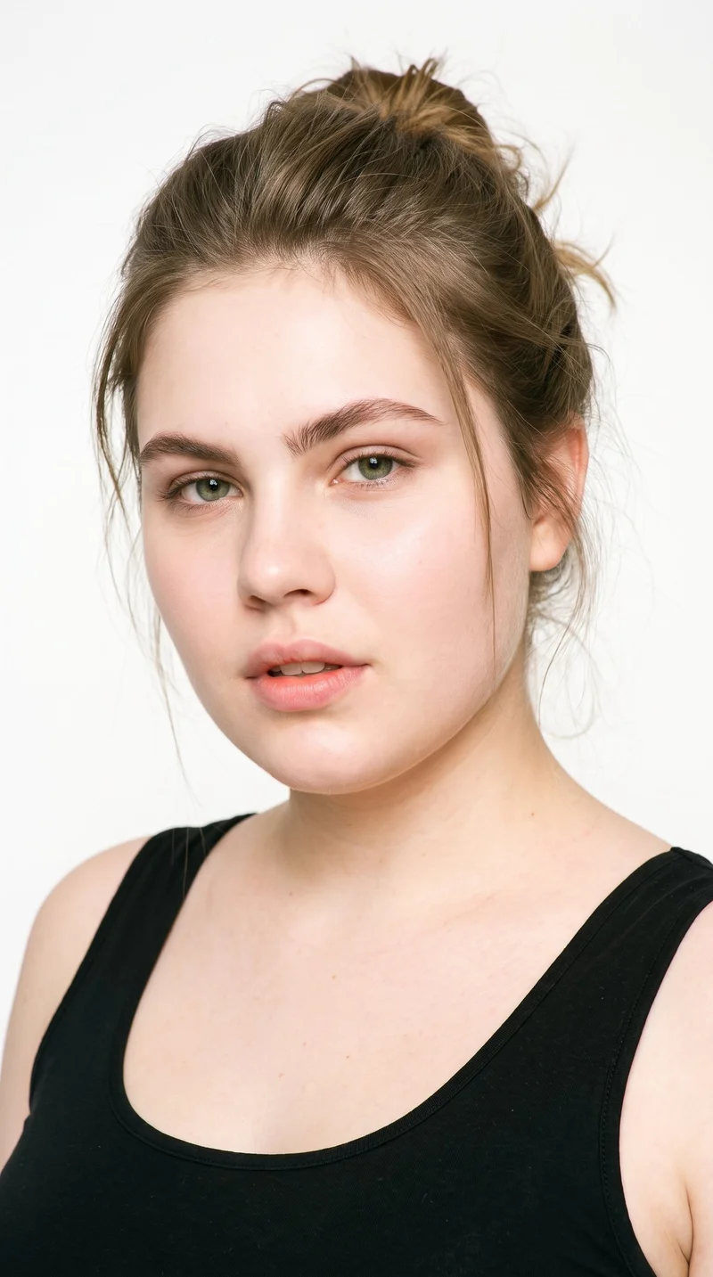 A 20-year-old Slavic woman with pale skin and a peach undertone has a round face with soft, full contours and few angles. Her thick eyebrows frame blue eyes with a cool undertone, and she has thin lips. Her dark-blonde hair is gathered into a loose, messy bun with softly undone strands.