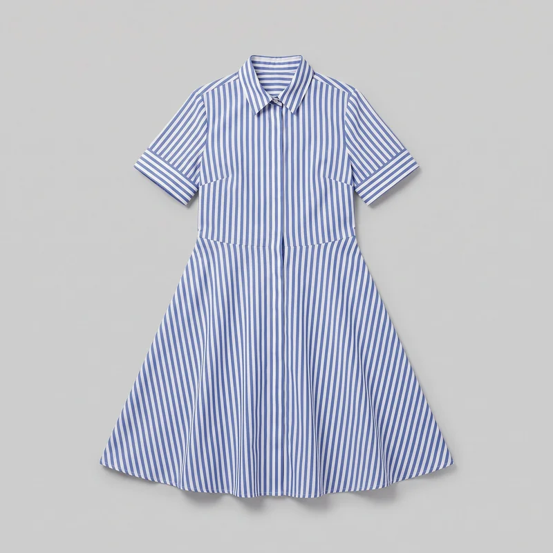 A complete flat-lay front view of a short-sleeve striped shirtdress. The dress has a pointed fold-down collar, wide turned cuff bands, a full center-front button placket, a defined waist seam, and a flared A-line skirt with vertical panel seams widening toward the sweeping curved hem.