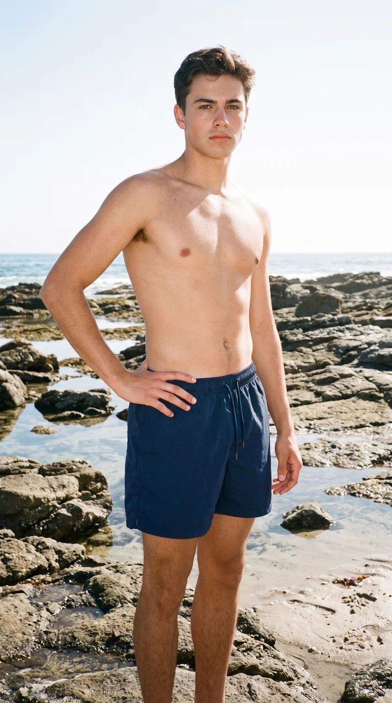 Navy Swim Shorts, Full body at Front, Clean Catalog lighting