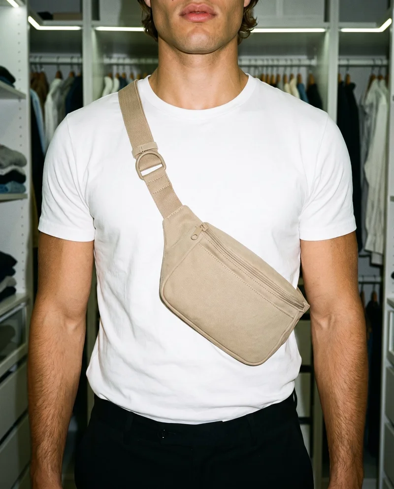 Men's Beige Belt Bag, Torso at Front, Natural E-Commerce lighting