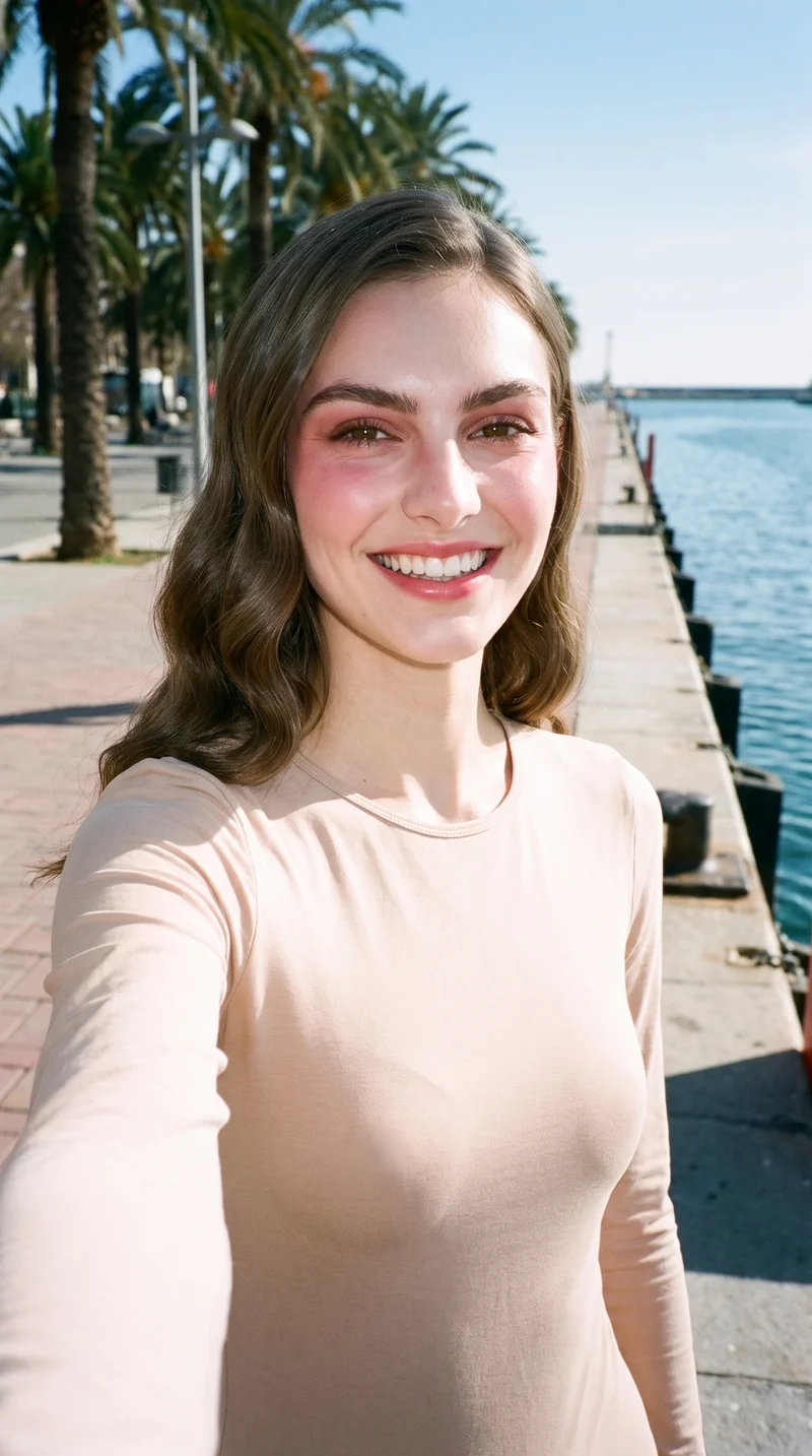 A 20-year-old Caucasian woman wears a nude bodysuit in a front-facing selfie, tilting her head and smiling. Palm trees along a waterfront promenade form the backdrop.
