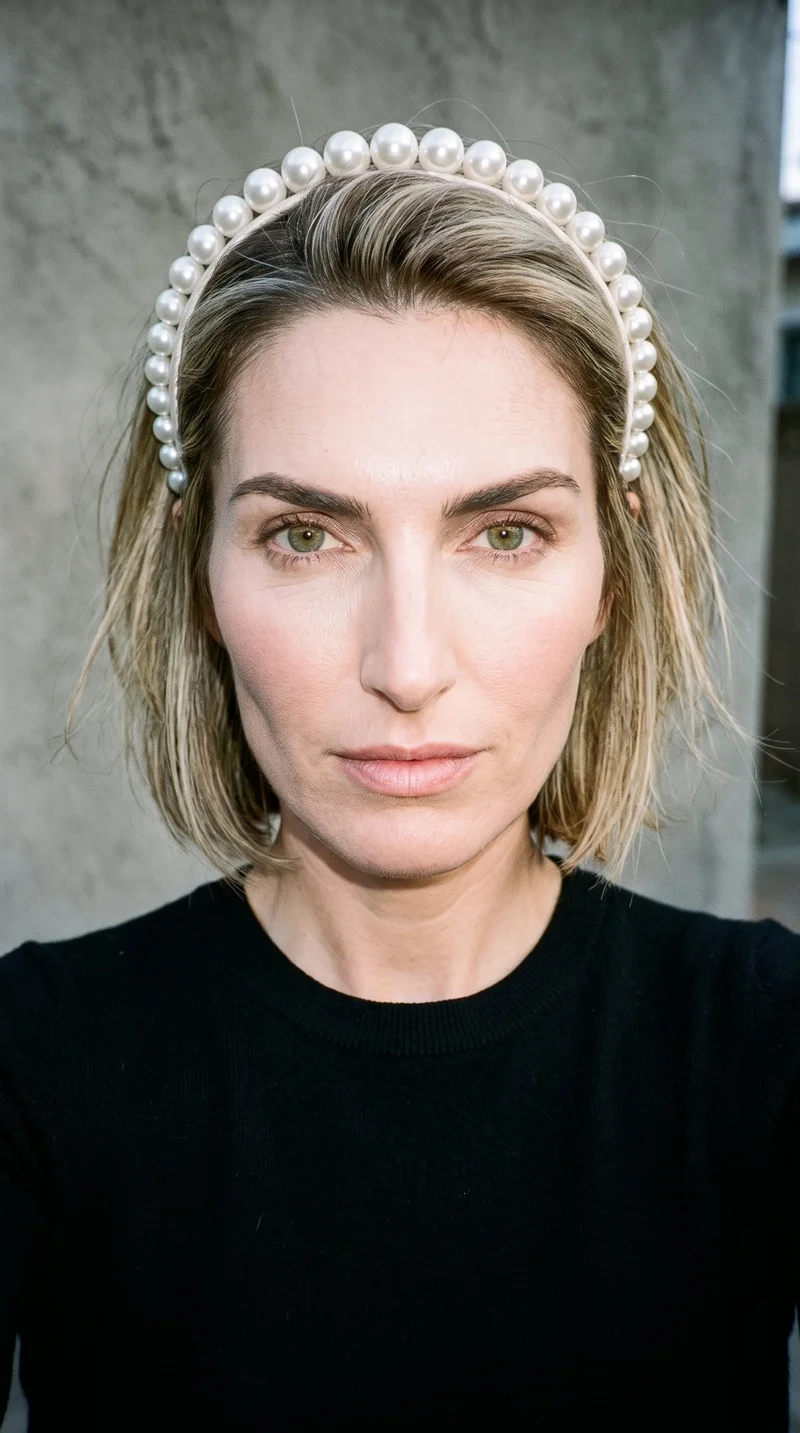 A 40-year-old Caucasian woman wears a pearl headband in a front-facing selfie. Her head is level, with a neutral expression, against a backyard deck backdrop.