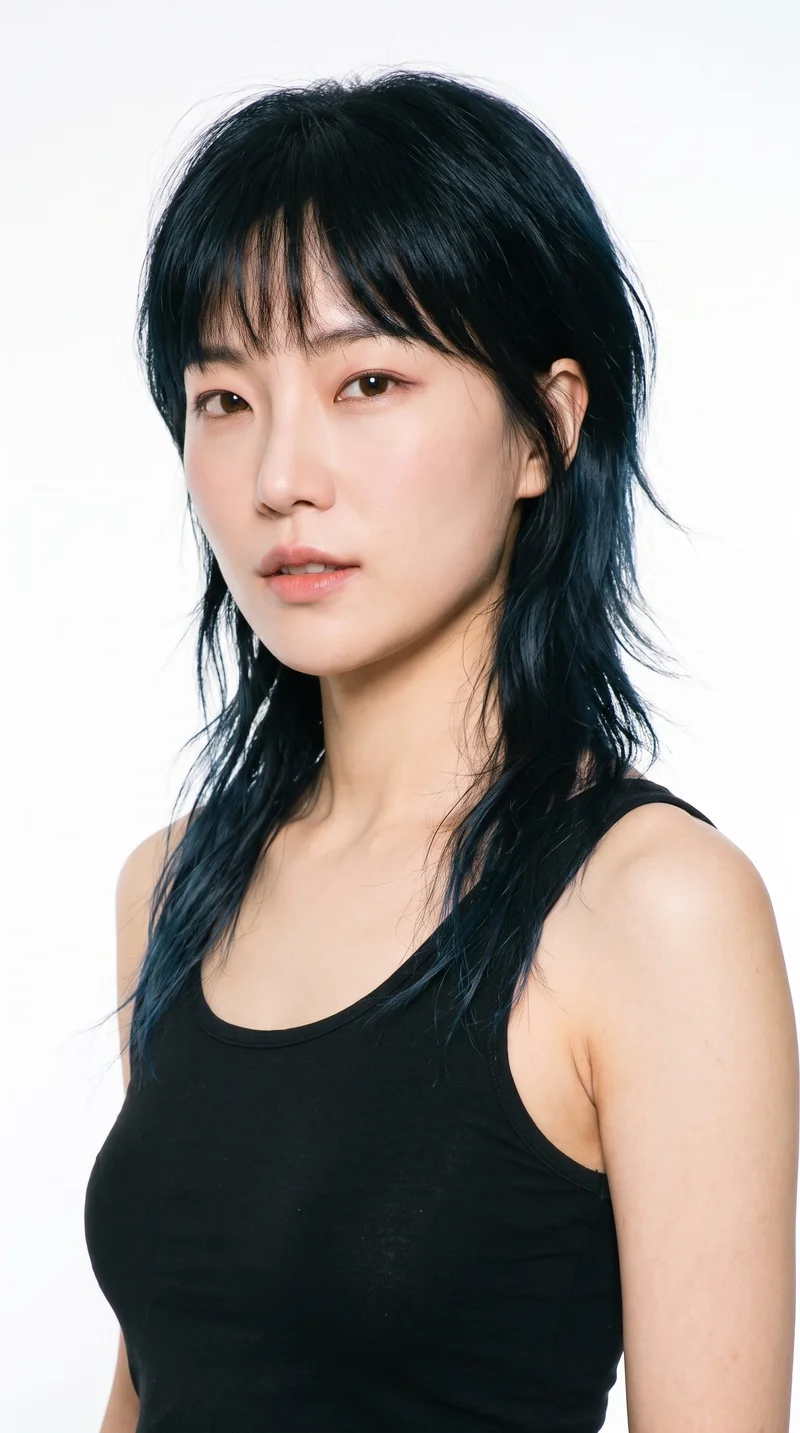 A 34-year-old Korean woman with fair skin and a neutral undertone. Her heart-shaped face has a wider forehead that narrows to a more pointed chin. She has medium-thickness eyebrows, medium lips, and very dark, near-black eyes. Her deep black hair is styled in a layered wolf cut with volume at the crown and tapered, textured lengths.